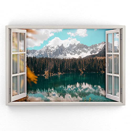 Estika - Leinwand Bilder Fensterblick - Berge, Wald, See, Schnee - 120x80 cm - 1 teilige Wandbilder, Bild auf Leinwand, Modern Deko für wohnzimmer schlafzimmer - Natur Landschafts bilder - 5975A_1B von Estika