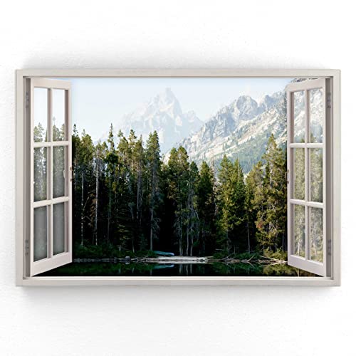 Estika - Leinwand Bilder Fensterblick - Berge, Wald, See - 120x80 cm - 1 teilige Wandbilder, Bild auf Leinwand, Modern Deko für wohnzimmer schlafzimmer - Natur Landschafts bilder - 5976A_1B von Estika