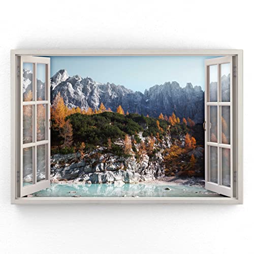 Estika - Leinwand Bilder Fensterblick - Berge, Wald - 90x60 cm - 1 teilige Wandbilder, Bild auf Leinwand, Modern Deko für wohnzimmer schlafzimmer - Natur Landschafts bilder - 5966A_1L von Estika