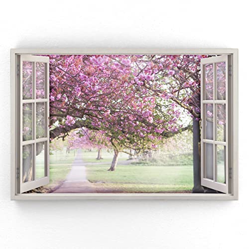 Estika - Leinwand Bilder Fensterblick - Blumen, Wald, Baum - 90x60 cm - 1 teilige Wandbilder, Bild auf Leinwand, Modern Deko für wohnzimmer schlafzimmer - Natur Landschafts bilder - 5986A_1L von Estika