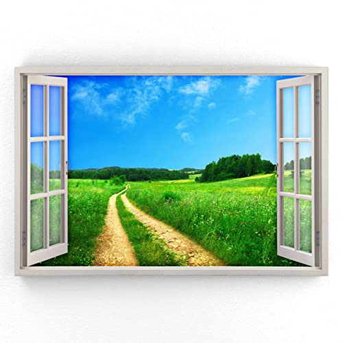 Estika - Leinwand Bilder Fensterblick - Feldweg, Wald, Natur - 120x80 cm - 1 teilige Wandbilder, Bild auf Leinwand, Modern Deko für wohnzimmer schlafzimmer - Natur Landschafts bilder - 5983A_1B von Estika