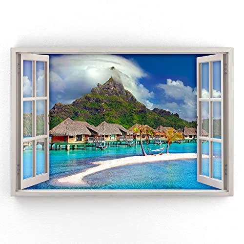 Estika - Leinwand Bilder Fensterblick - Meer, Palme, Berge - 120x80 cm - 1 teilige Wandbilder, Bild auf Leinwand, Modern Deko für wohnzimmer schlafzimmer - Natur Landschafts bilder - 5970A_1B von Estika