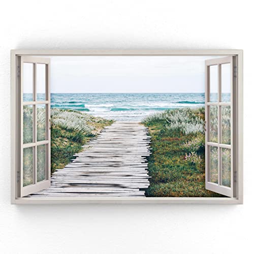Estika - Leinwand Bilder Fensterblick - Meer, Strand - 90x60 cm - 1 teilige Wandbilder, Bild auf Leinwand, Modern Deko für wohnzimmer schlafzimmer - Natur Landschafts bilder - 5982A_1L von Estika