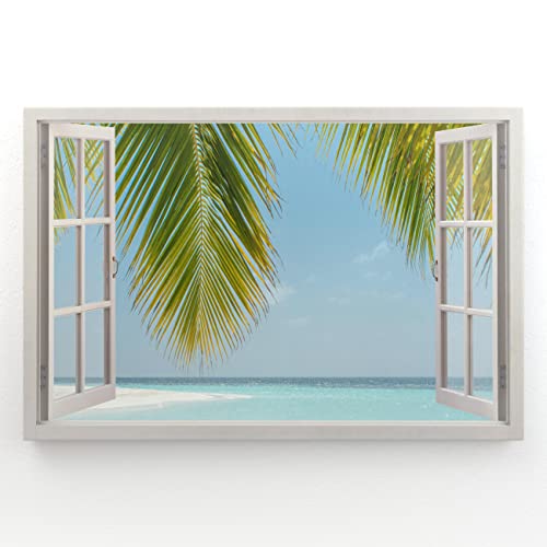 Estika - Leinwand Bilder Fensterblick - Palme, Meer - 90x60 cm - 1 teilige Wandbilder, Bild auf Leinwand, Modern Deko für wohnzimmer schlafzimmer - Natur Landschafts bilder - 6000A_1L von Estika