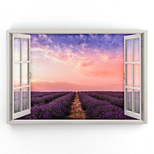 Estika - Leinwand Bilder Fensterblick - Sonnenuntergang, Lavendel - 120x80 cm - 1 teilige Wandbilder, Bild auf Leinwand, Modern Deko für wohnzimmer schlafzimmer - Natur Landschafts bilder - 5967A_1B von Estika