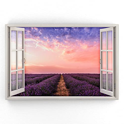 Estika - Leinwand Bilder Fensterblick - Sonnenuntergang, Lavendel - 90x60 cm - 1 teilige Wandbilder, Bild auf Leinwand, Modern Deko für wohnzimmer schlafzimmer - Natur Landschafts bilder - 5967A_1L von Estika
