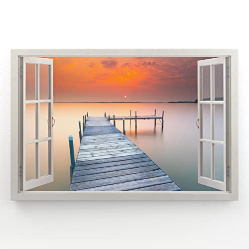 Estika - Leinwand Bilder Fensterblick - Sonnenuntergang, See - 120x80 cm - 1 teilige Wandbilder, Bild auf Leinwand, Modern Deko für wohnzimmer schlafzimmer - Natur Landschafts bilder - 5993A_1B von Estika