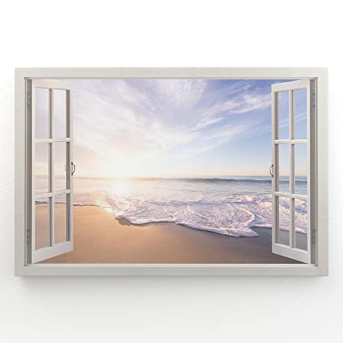 Estika - Leinwand Bilder Fensterblick - Strand, Meer - 90x60 cm - 1 teilige Wandbilder, Bild auf Leinwand, Modern Deko für wohnzimmer schlafzimmer - Natur Landschafts bilder - 5998A_1L von Estika