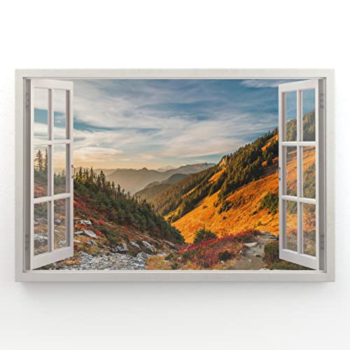 Estika - Leinwand Bilder Fensterblick - Wald, Berge, Himmel - 120x80 cm - 1 teilige Wandbilder, Bild auf Leinwand, Modern Deko für wohnzimmer schlafzimmer - Natur Landschafts bilder - 6007A_1B von Estika