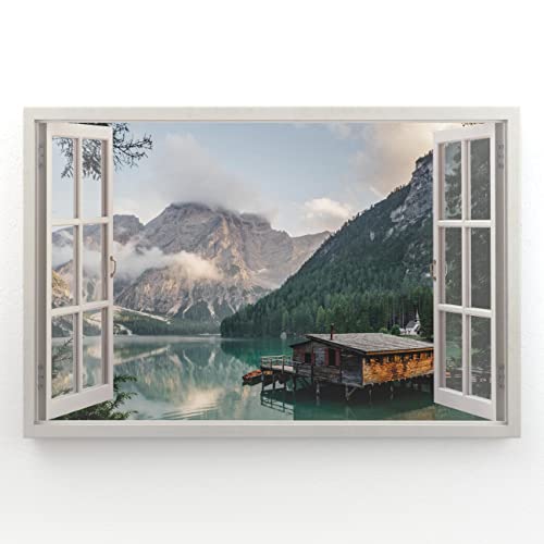 Estika - Leinwand Bilder Fensterblick - Wald, Berge, See - 120x80 cm - 1 teilige Wandbilder, Bild auf Leinwand, Modern Deko für wohnzimmer schlafzimmer - Natur Landschafts bilder - 6005A_1B von Estika