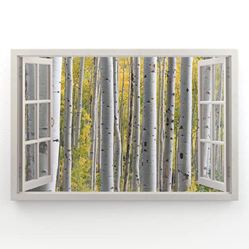 Estika - Leinwand Bilder Fensterblick - Wald, Birke - 90x60 cm - 1 teilige Wandbilder, Bild auf Leinwand, Modern Deko für wohnzimmer schlafzimmer - Natur Landschafts bilder - 6004A_1L von Estika