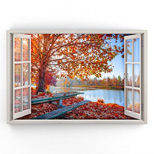 Estika - Leinwand Bilder Fensterblick - Wald, Herbst, See - 120x80 cm - 1 teilige Wandbilder, Bild auf Leinwand, Modern Deko für wohnzimmer schlafzimmer - Natur Landschafts bilder - 5973A_1B von Estika