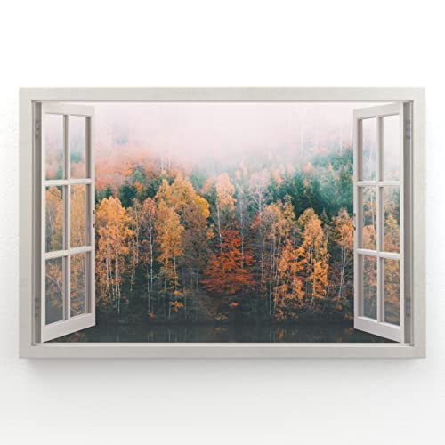 Estika - Leinwand Bilder Fensterblick - Wald, Nebel, See - 120x80 cm - 1 teilige Wandbilder, Bild auf Leinwand, Modern Deko für wohnzimmer schlafzimmer - Natur Landschafts bilder - 5991A_1B von Estika