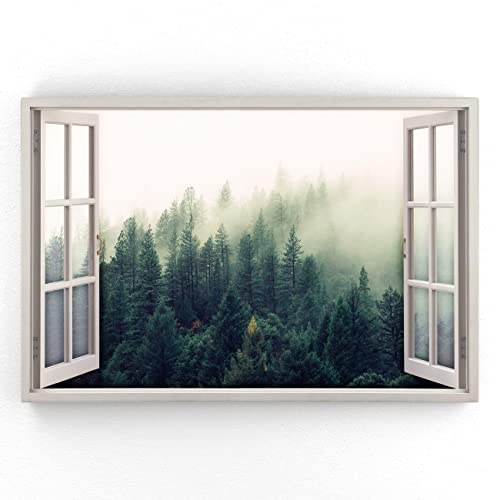 Estika - Leinwand Bilder Fensterblick - Wald, Nebel - 120x80 cm - 1 teilige Wandbilder, Bild auf Leinwand, Modern Deko für wohnzimmer schlafzimmer - Natur Landschafts bilder - 5974A_1B von Estika