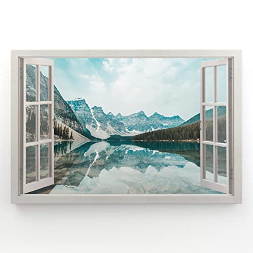 Estika - Leinwand Bilder Fensterblick - Wald, See, Berge - 120x80 cm - 1 teilige Wandbilder, Bild auf Leinwand, Modern Deko für wohnzimmer schlafzimmer - Natur Landschafts bilder - 5994A_1B von Estika