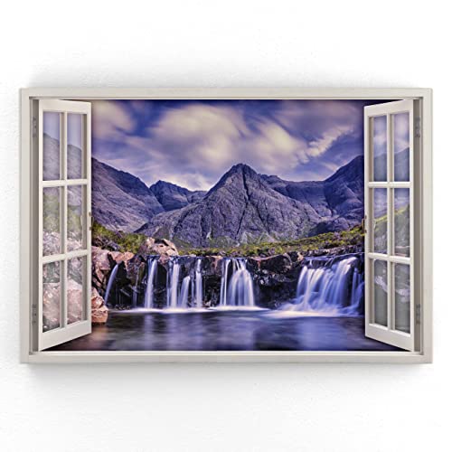 Estika - Leinwand Bilder Fensterblick - Wasserfall, Berge - 120x80 cm - 1 teilige Wandbilder, Bild auf Leinwand, Modern Deko für wohnzimmer schlafzimmer - Natur Landschafts bilder - 5971A_1B von Estika