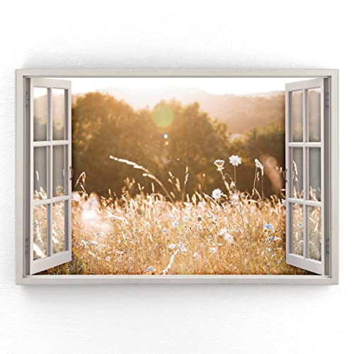 Estika - Leinwand Bilder Fensterblick - Wiese, Wald - 90x60 cm - 1 teilige Wandbilder, Bild auf Leinwand, Modern Deko für wohnzimmer schlafzimmer - Natur Landschafts bilder - 5980A_1L von Estika