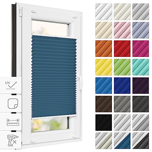 Estika Thermo Plissee zum kleben verdunkelung 80 cm x 180 cm - Blackout: Dunkles Türkis-Weiß - Plissee kleben, Plissee ohne Bohren, Plisees ohne Bohren Blickdicht, Verdunklungsplissee von Estika