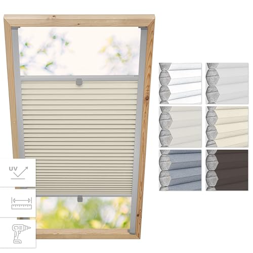 Estika Wabenplissee mit Bohren für Velux Fenster - M06 - Stoff: Beige-Weiß, Profil: Silber - Dachfenster plissee, Fensterrollo innen, Fenster plissee, Dachfenster Rollo von Estika