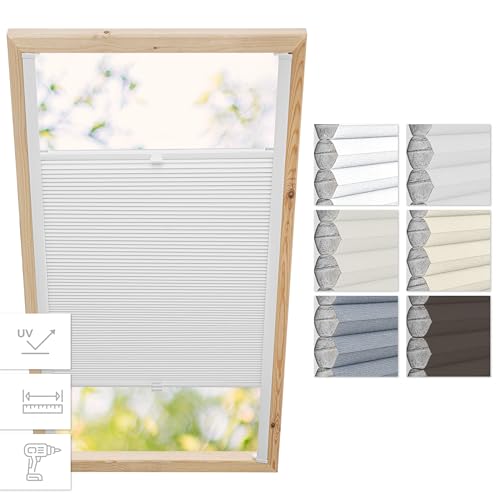 Estika Wabenplissee mit Bohren für Velux Fenster - SK06 - Stoff: Grauweiß, Profil: Weiß - Dachfenster plissee, Fensterrollo innen, Fenster plissee, Dachfenster Rollo von Estika