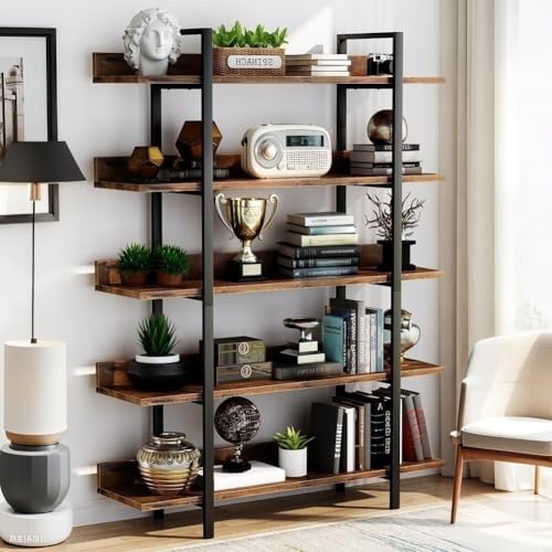 Estiliza Industrielles Bücherregal, 5-stöckiges Metall-Bücherregal, 105 x 33 x 180 cm, vielseitiger Aufbewahrungs-Organizer, braunes Heimbüro-Regal von Estiliza