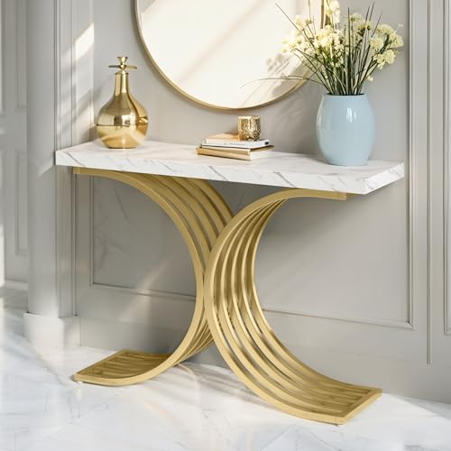 Estiliza Konsolentisch | Eingangstisch schmal 100 x 30 x 80 cm | Füße in C-Form einzigartiges Design | Elegantes Wohnzimmermöbel, Weiß und Gold von Estiliza