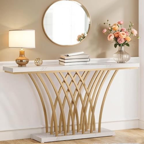 Estiliza Konsolentisch für Eingangsbereich, weiß, 150 x 29,5 x 80 cm, goldene Füße aus Metallgitter, elegantes Möbelstück für Eingangsbereich & Wohnzimmer von Estiliza