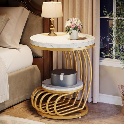 Estiliza Moderner Beistelltisch, Nachttisch, 50 x 50 x 63 cm, mit Aufbewahrungsregal, Design Bogen, Metall, Gold, Weiß, für Wohnzimmer, Schlafzimmer von Estiliza