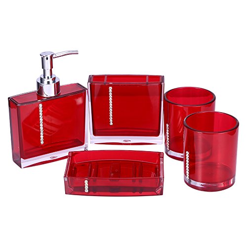 Badezimmer-Zubehör-Sets, 5tlg Badset mit Emulsionflasche, Zahnbürstenhalter, Seifenschale und 2 Gurgeln Tasse, Badezimmer-Toiletten-Set, Rot von Estink