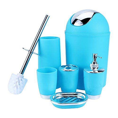 Badezimmer Set, 6tlg Badset Badaccessoires Set, Mit Tasse Zahnbürstenhalter Suppenhalter Händedesinfektionsflasche Mülleimer Toilettenbürste (Himmelblau) von Estink