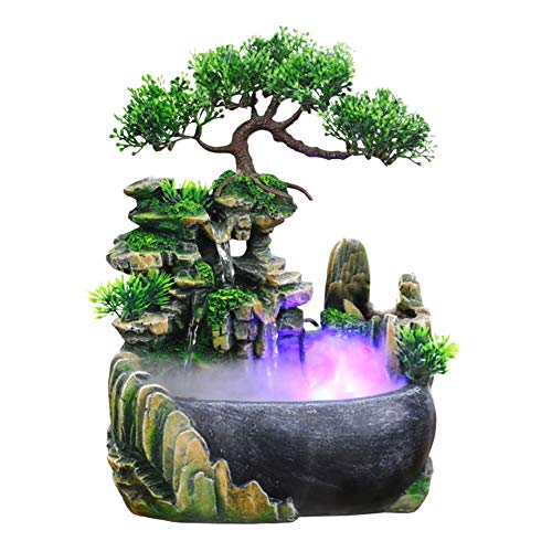 Brunnen Luftbefeuchter, Zen-Brunnen aus Polyresin, Tischbrunnen mit LED-Beleuchtung, Desktop-Wasserfall-Luftbefeuchter mit Pumpe, für die Schreibtischdekoration(220v) von Estink