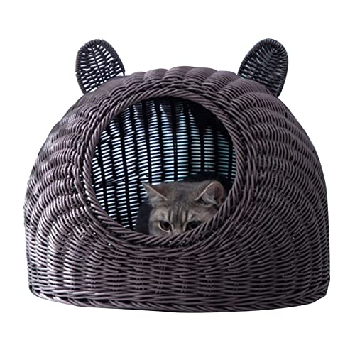 Estink Gefertigter Katzenbett Süße Katzenohr Imitiert Rattan Semi Geschlossene Haustierhaus für Innenräume (Kaffee) von Estink