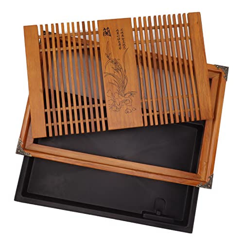 Estink Kungfu -Teeschale Elegante Chinesische Gongfu -Holztea Tisch mit Abflusswasserlager für Teeliebhaber und Geschenke, 28x43 Cm (Gelbe Orchidee) von Estink