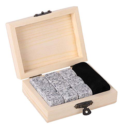 Whisky Steine Set, 9 Stück Kühlsteine, wiederverwendbare Eiswürfel, Geschenkset aus Granit, Kühlwürfel mit Holzbox (weiß) von Estink