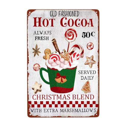 Estiyond Metall-Blechschild mit Aufschrift "Christmas Hot Cocoa", Weihnachtskranz, Dekoration, Landhaus, Weihnachten, Vintage, Aluminiumschild, Kunst, Heimdekoration, für Wohnzimmer, Geschäft, von Estiyond