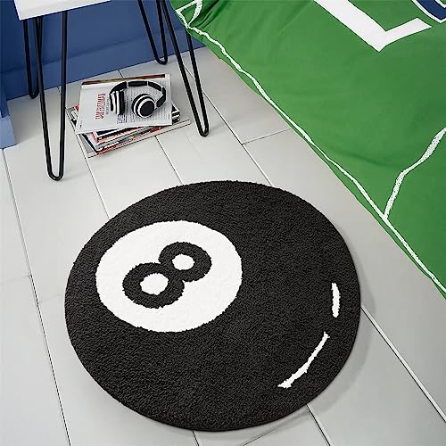 Estmy Schwarzer Teppich mit 8 Bällen, niedlich, einzigartig, cool, lustig, 91 cm, runder Teppich für Schlafzimmer, Badezimmer, Wohnzimmer, Akzentbodenteppich, lustiges Geschenk für Billardliebhaber von Estmy