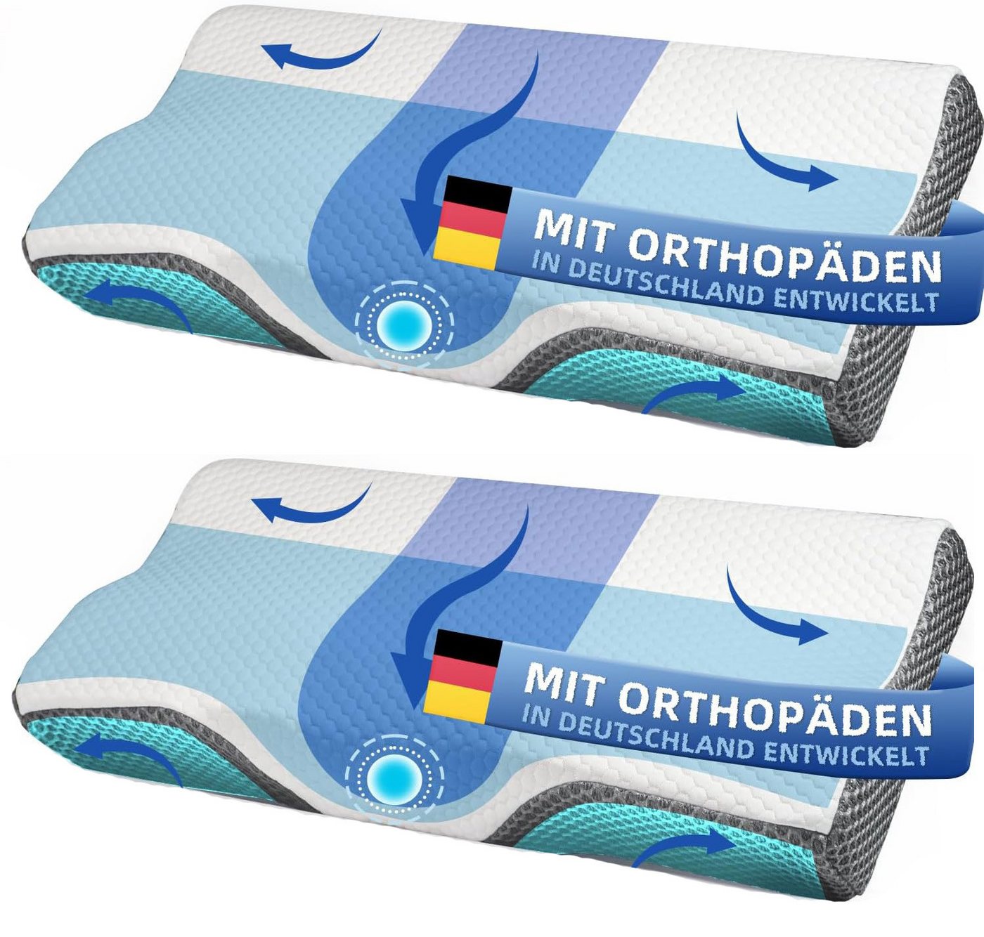 Esun Kopfkissen Orthopädisches Kissen, Ergonomisches Nackenkissen Kopfkissen, Kissen, Seitenschlafer, Rückenschlafer, Bauchschlafer, Set, Kissen vom OEKO-TEX® und CertiPUR Getestet, Bauchschläferkissen, Antischnarchkissen für Erwachsene von Esun