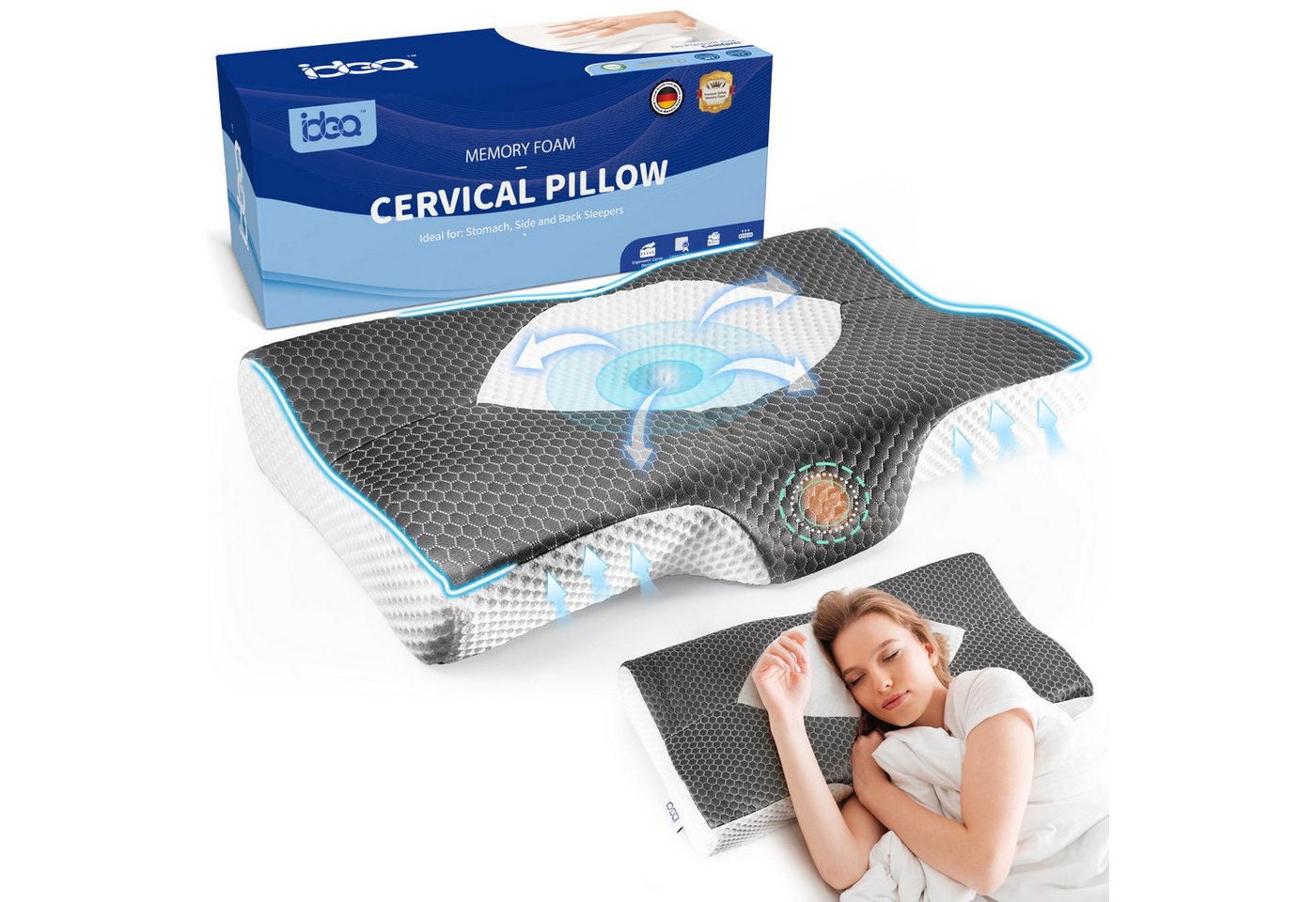 Esun Kopfkissen Orthopädisches Kissen, Kopfkissen Nackenschmerzen aus Memory Foam, Füllung: Rückstellschaum, Seitenschlafer, Rückenschlafer, Bauchschlafer, Kissen vom OEKO-TEX® und CertiPUR Getestet, Kopfkissen für Seiten Rücken Bauchschläfer (65.8 x 35.6 x 12.5/12.2cm) von Esun