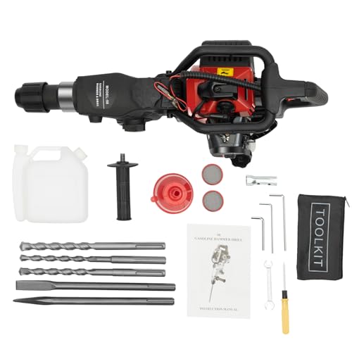 1000W Benzin Abbruchhammer 32.6CC 2 Stroke Einzylinder Schlaghammer Stemmhammer Meißelhammer (Schlagenergie 30J, Mit Zusätzlicher Handgriff, Trichter, Spitzmeißel/Flachmeißel, Hand-Zug-Start) von Esyogen