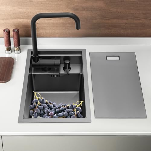 Einbauspüle Edelstahl Küchenspüle Spülbecken 45×30×23 cm mit Wasserhahn – Nano-Graue Unterbau-Arbeitsplatzspüle aus 304 Edelstahl, platzsparend, leicht zu reinigen, für Küche, Bar & Restaurant von Esyogen