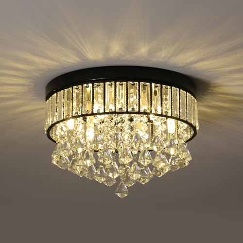 Esyogen Kristall Deckenleuchte Flush Mount Ø35cm Rund Deckenleuchte Luxus Kristallleuchter Wohnzimmer Kristall-Kronleuchter, 35x24cm, Schwarz von Esyogen