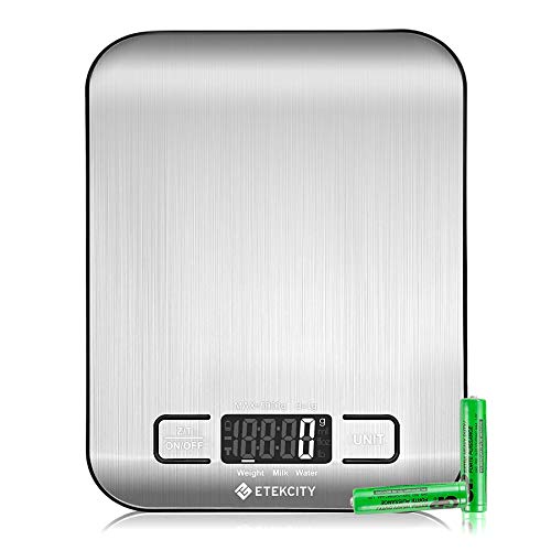 ETEKCITY Küchenwaage, digital 5KG mit großem LCD-Display,Digitalwaage, Briefwaage mit Großer Edelstahl Wiegefläche, Flüssigkeitsmessung, hohe Präzision auf bis zu 1g, Tara-Funktion, Silber von Etekcity