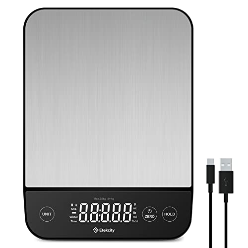 Etekcity Küchenwaage, Küchenwaage Digital 1g genau, 10kg Kitchen Scale mit LED-Display, Tare-Funktion, USB-Aufladung, Präzisionswaage für Küche, Edelstahl von Etekcity