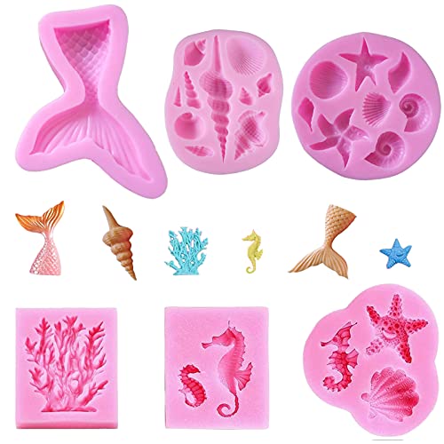 Eterspr 6 Stück Meerjungfrau Silikonform, 3D Ozean Tier Silikon, Meerestiere Fondant Formen, für Machen Sie Süßigkeiten, Schokolade, Gelee von Eterspr