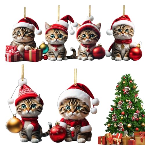6pcs cat Ornaments - cat Christmas Ornament for Christmas Tree - Santa Hat cat with Ball Christmas Tree Decorations, 2D Animal Ornament Christmas Car Ornament, Gifts von Eteslot