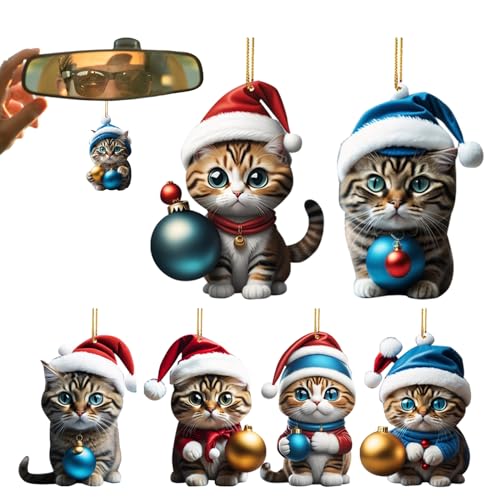 7pcs cat Ornaments - cat Christmas Ornament for Christmas Tree - Santa Hat cat with Ball Christmas Tree Decorations, 2D Animal Ornament Christmas Car Ornament, Gifts von Eteslot
