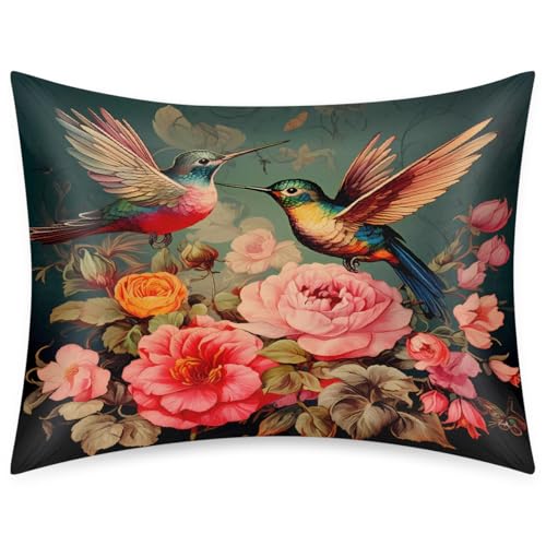Satin-Kissenbezug mit Retro-Kolibri-Blumen-Pfingstrose, für Haar und Haut, weicher, seidiger Kissenbezug mit Hotelverschluss, glatter Satin-Kissenbezug für besseren Schlaf, 50,8 x 66 cm, Standardgröße von Ethebre