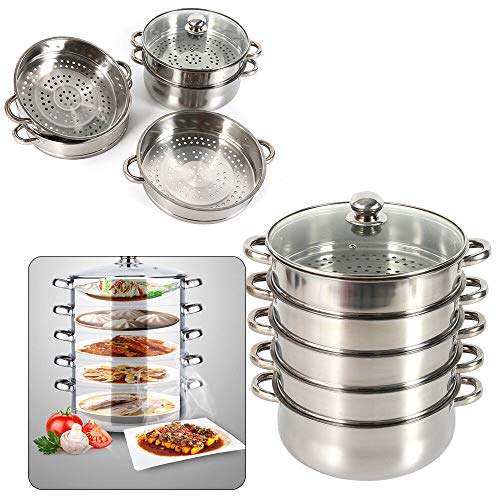 Ethedeal Dampfgarer 5 lagiger Edelstahl Steam Pot mit Glasdeckel, Multifunktionaler Dampfgarer Set Gardampftopf Gemüse-/ Kartoffeldämpfer, Eicht zu Reinigen, 26cm von Ethedeal