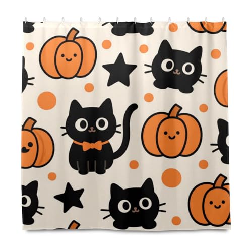 Duschvorhang-Set mit Haken, Motiv: Halloween-Kürbis/schwarze Katze, dekoratives wasserdichtes Material, Badezimmer-Duschvorhang-Set mit Haken, Polyester, maschinenwaschbar, für Zuhause, Badezimmer von EtherSpher