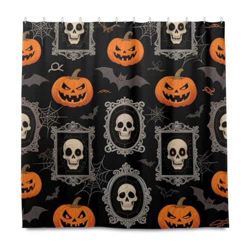 EtherSpher Halloween-Duschvorhang mit orangefarbenem Kürbis-Totenkopf-Motiv, dekoratives wasserabweisendes Material, Badezimmer-Duschvorhang mit Haken, Polyester, maschinenwaschbar, für Badezimmer von EtherSpher